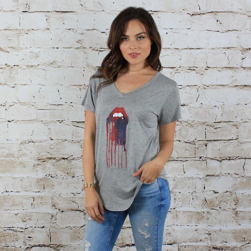 Grey V-Neck Short Sleeved Tee with American Flag Design